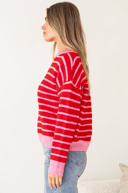 Hershey Jumper - Crew Neck Striped Ribbed Hem Knit in Pink/Red