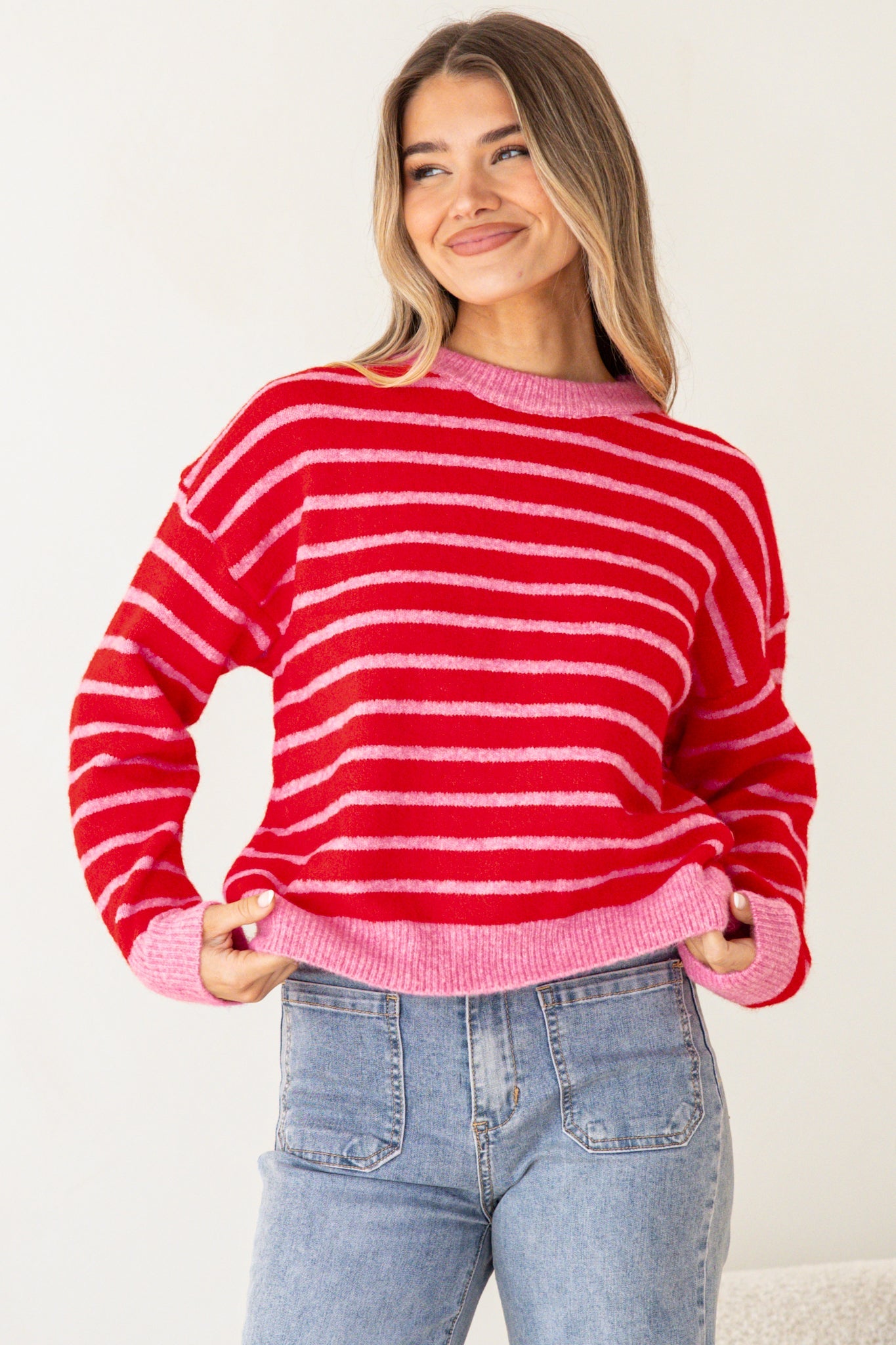 Hershey Jumper - Crew Neck Striped Ribbed Hem Knit in Pink/Red