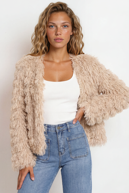 Hilton Jacket - Faux Fur Open Front Jacket in Beige