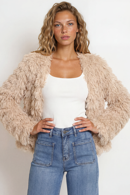 Hilton Jacket - Faux Fur Open Front Jacket in Beige