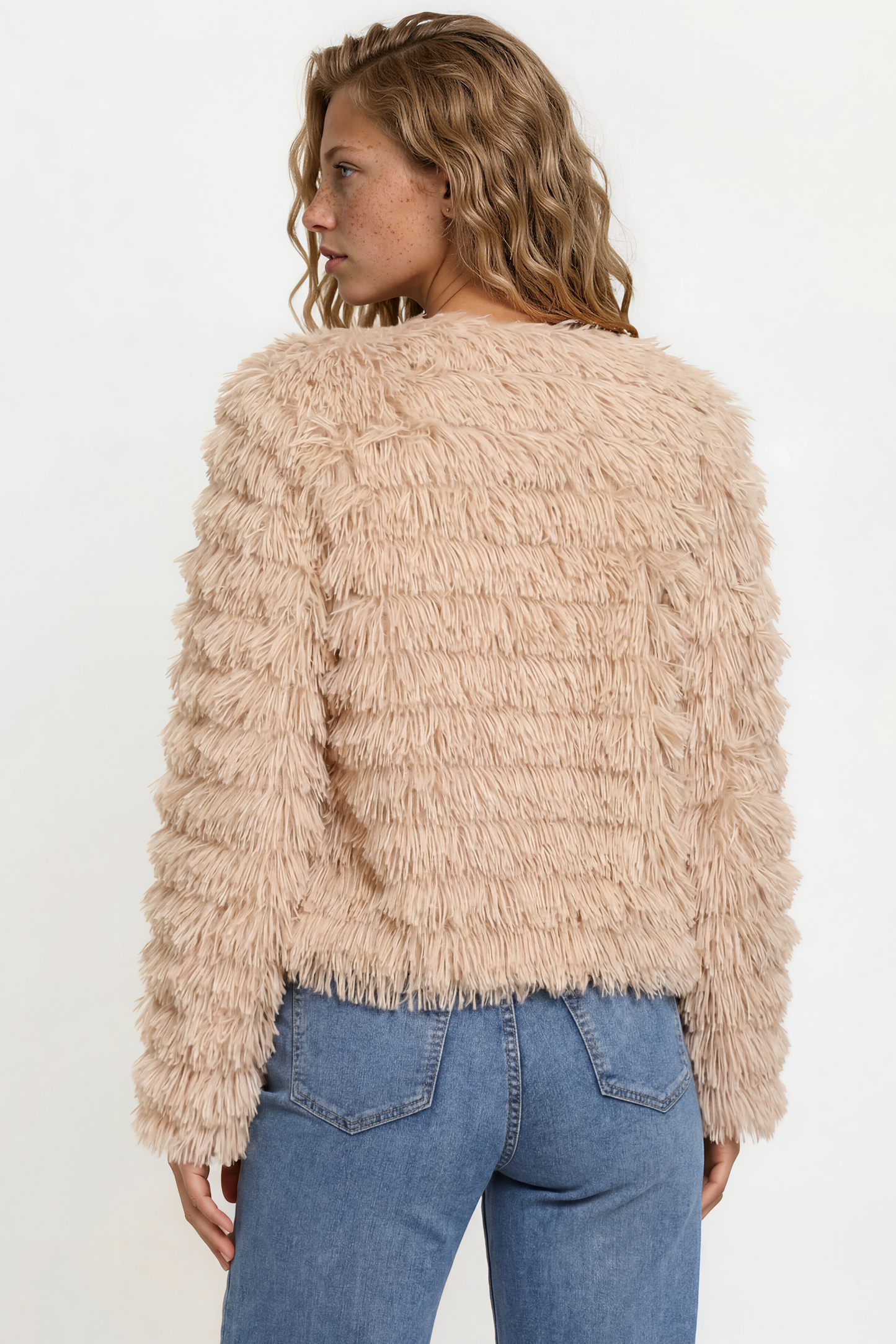 Hilton Jacket - Faux Fur Open Front Jacket in Beige