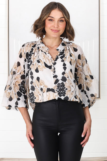 Portia Blouse - Button Down Mandarin Collar Shirt in Calea Print Beige