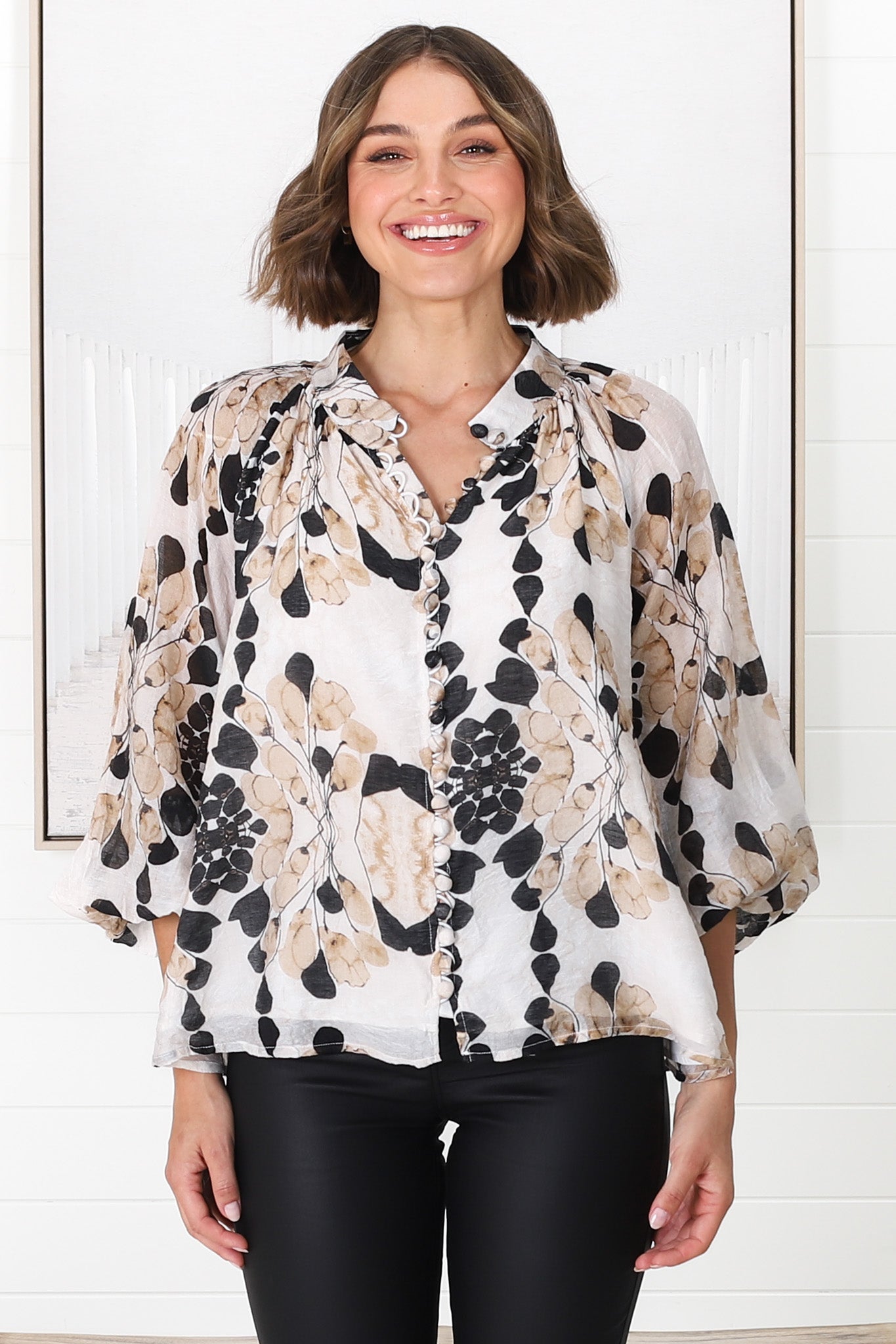 Portia Blouse - Button Down Mandarin Collar Shirt in Calea Print Beige
