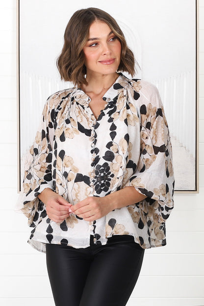 Portia Blouse - Button Down Mandarin Collar Shirt in Calea Print Beige