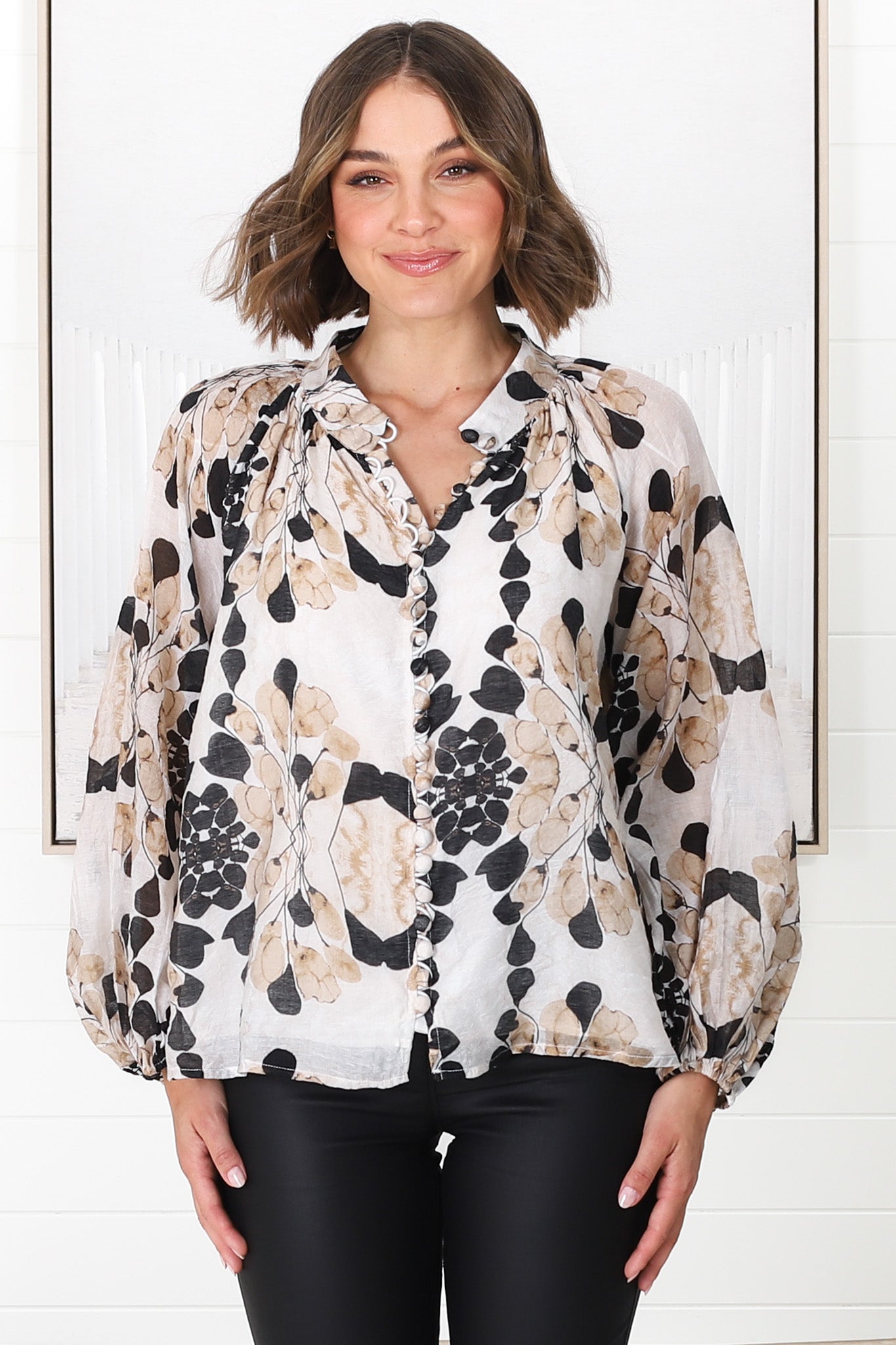 Portia Blouse - Button Down Mandarin Collar Shirt in Calea Print Beige