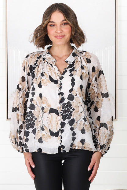 Portia Blouse - Button Down Mandarin Collar Shirt in Calea Print Beige