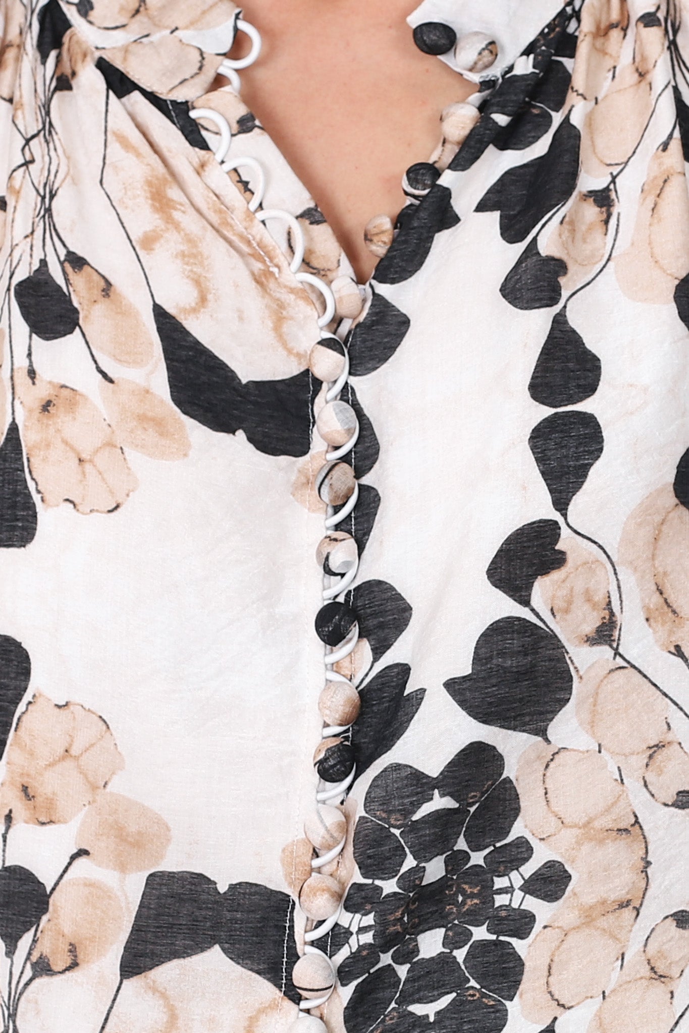 Portia Blouse - Button Down Mandarin Collar Shirt in Calea Print Beige