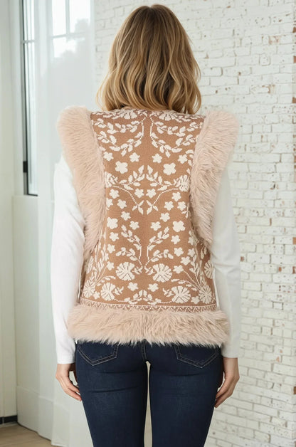 Wolfe Knit Vest - Faux Fur Trim Open Vest in Camel