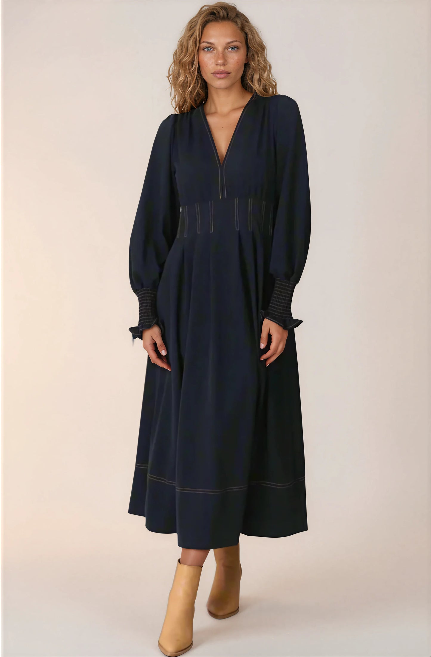 Karey Midi Dress - Fit and Flare Contrast Stitching Dress in Dark Denim