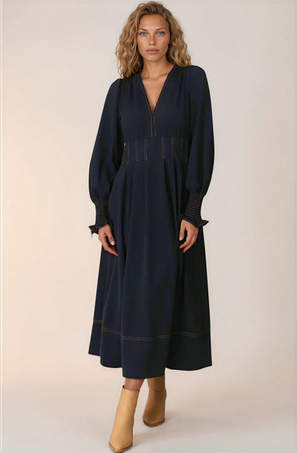 Karey Midi Dress - Fit and Flare Contrast Stitching Dress in Dark Denim