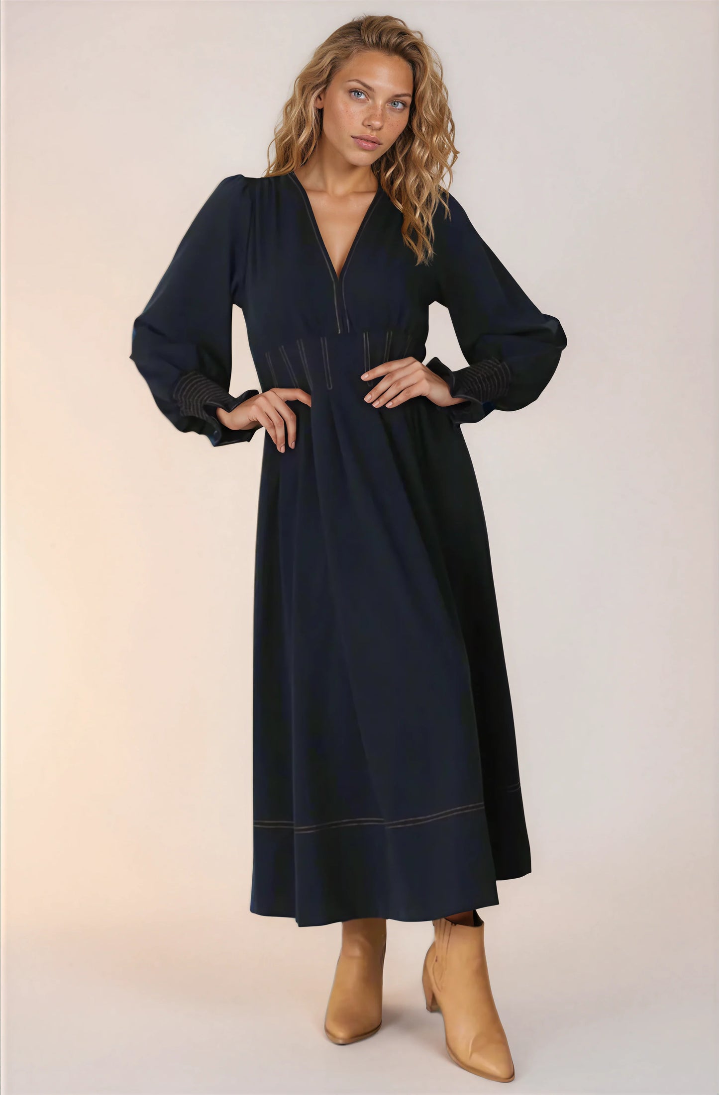 Karey Midi Dress - Fit and Flare Contrast Stitching Dress in Dark Denim