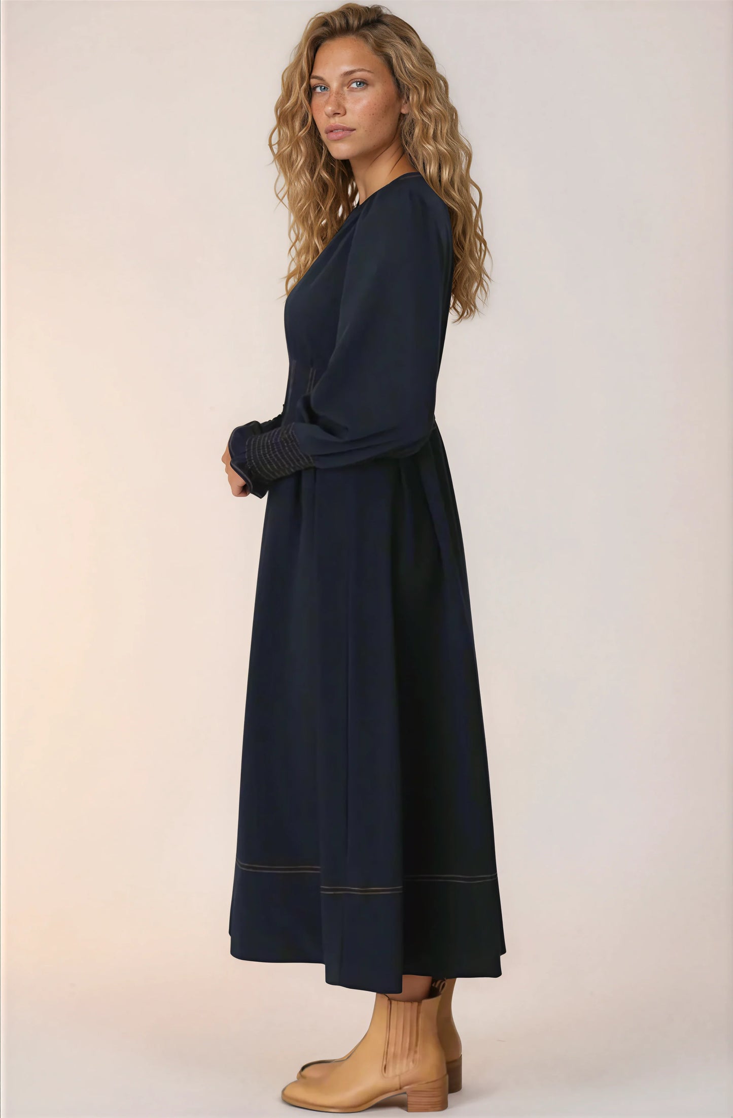 Karey Midi Dress - Fit and Flare Contrast Stitching Dress in Dark Denim