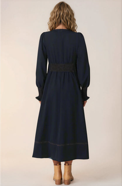 Karey Midi Dress - Fit and Flare Contrast Stitching Dress in Dark Denim