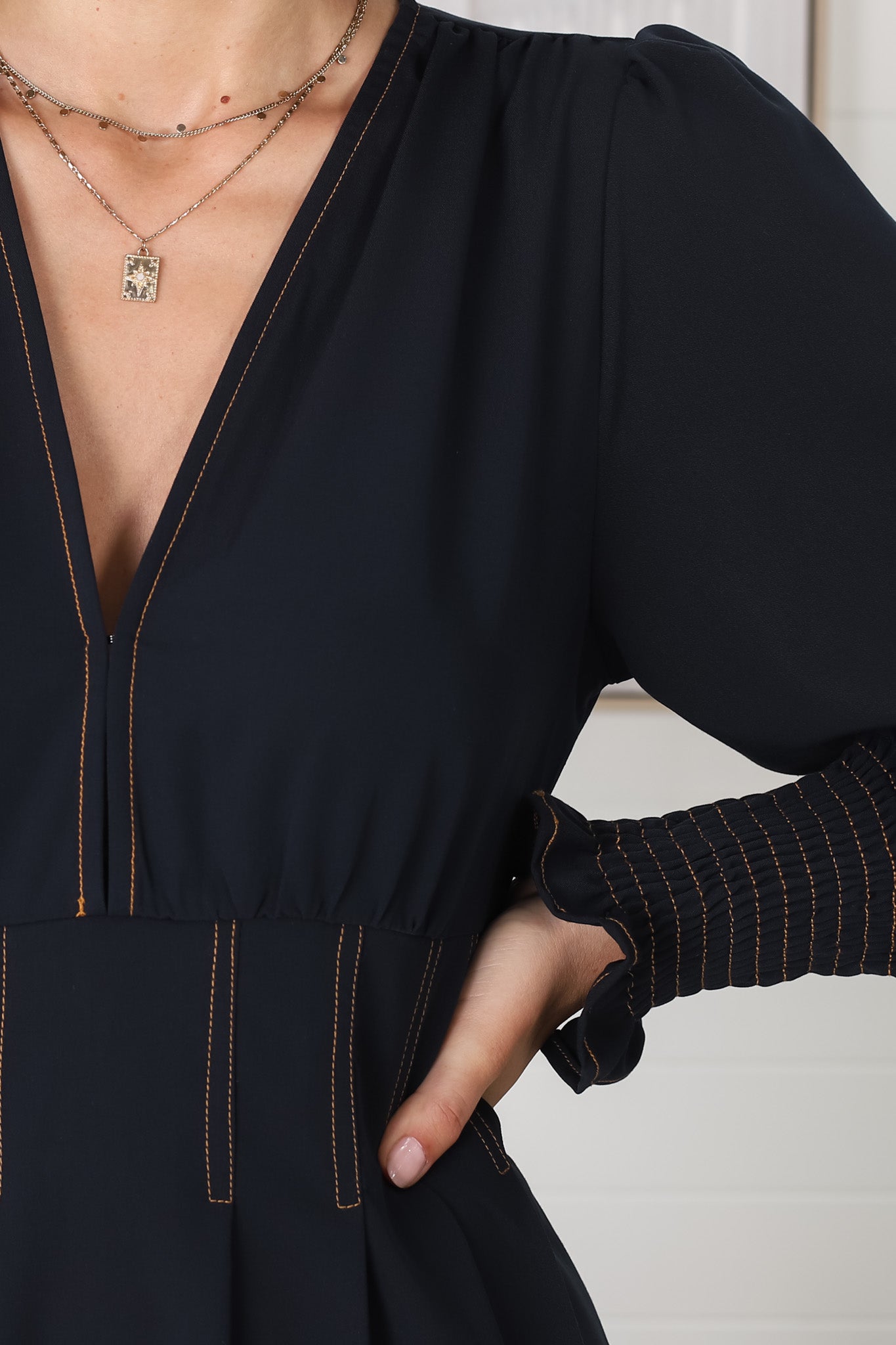 Karey Midi Dress - Fit and Flare Contrast Stitching Dress in Dark Denim