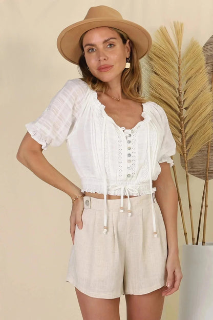 Nadiya Crop - Adjustable Neck and Hemline Crop Top with Pleating Details in White