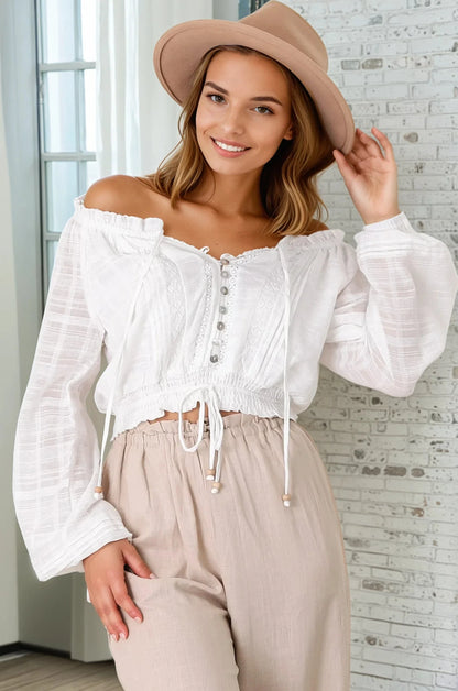 Marlon Top - On or Off Shoulder Pin Tuck Detail Long Balloon Sleeve Crop in White