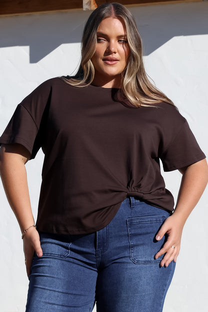 Tuck T-Shirt - Round Neckline Cotton Tee with Gathered Front Detail in Chocolate
