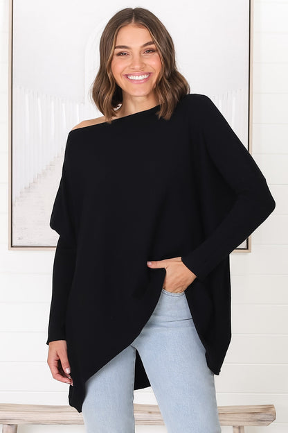 Belinda Knit Top - Boat Neckline Boxy Batwing Top in Black