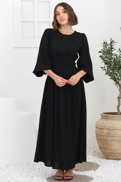 Sheyne Maxi Dress - Long Balloon Sleeve Elasicated Waist A Line Dress in Black