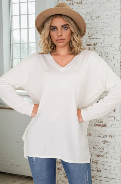 Mayanna Jumper - Light Weight V Neck Knit with Side Splits in Cream