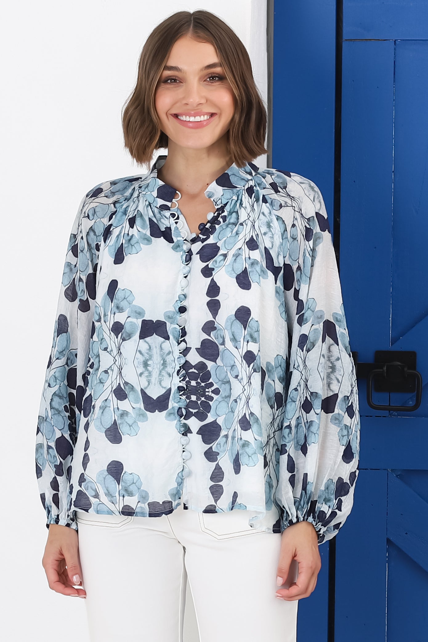 Portia Blouse - Button Down Mandarin Collar Shirt in Calea Print Blue