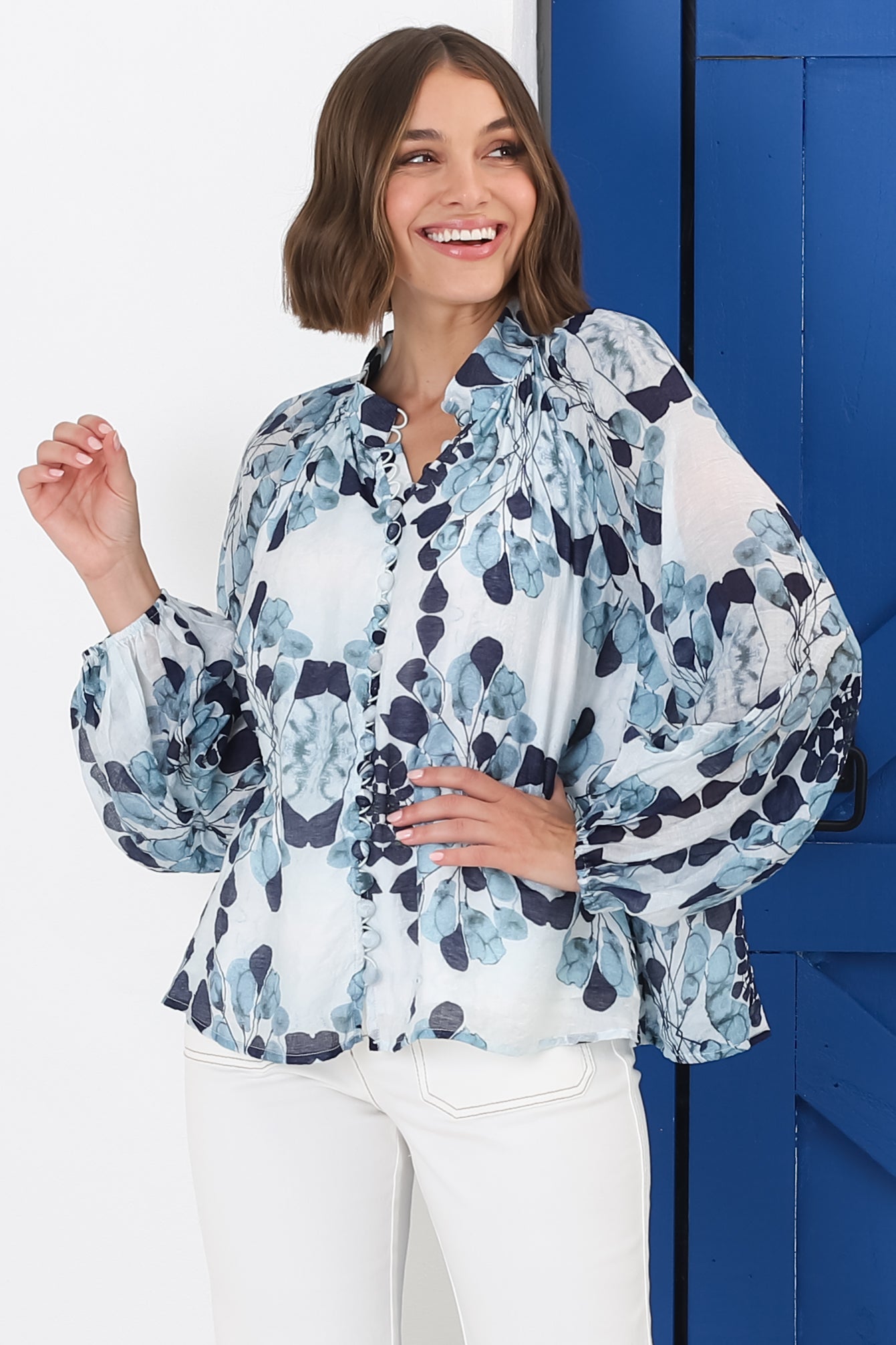 Portia Blouse - Button Down Mandarin Collar Shirt in Calea Print Blue