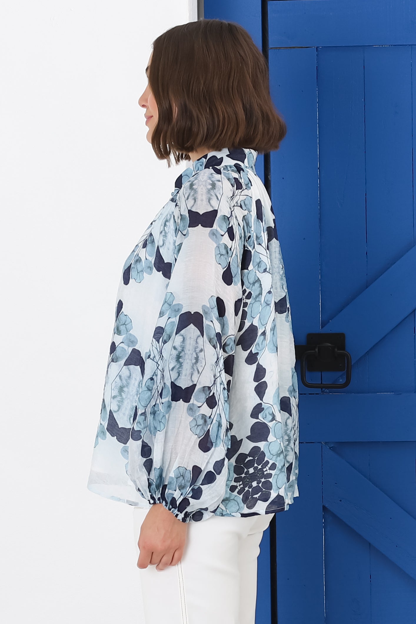 Portia Blouse - Button Down Mandarin Collar Shirt in Calea Print Blue