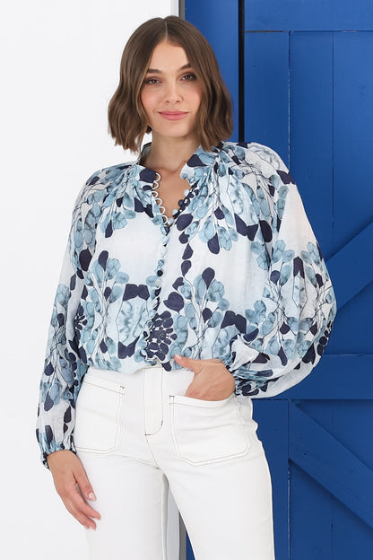 Portia Blouse - Button Down Mandarin Collar Shirt in Calea Print Blue