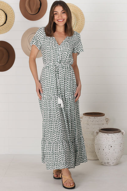 Derla Maxi Dress - V Neck Cap Sleeve Pull Tie Waist A Line Dress in Maryanne Print Green