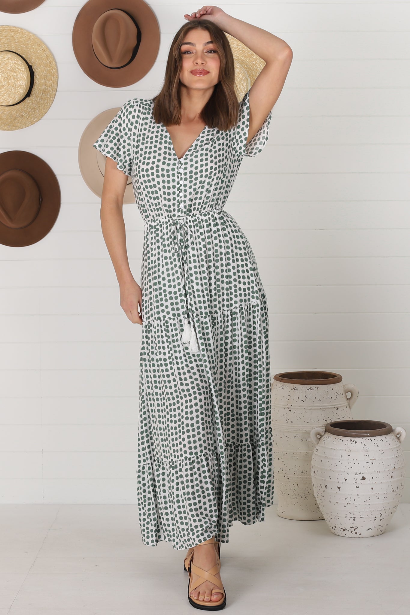 Derla Maxi Dress - V Neck Cap Sleeve Pull Tie Waist A Line Dress in Maryanne Print Green