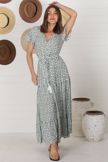 Derla Maxi Dress - V Neck Cap Sleeve Pull Tie Waist A Line Dress in Maryanne Print Green