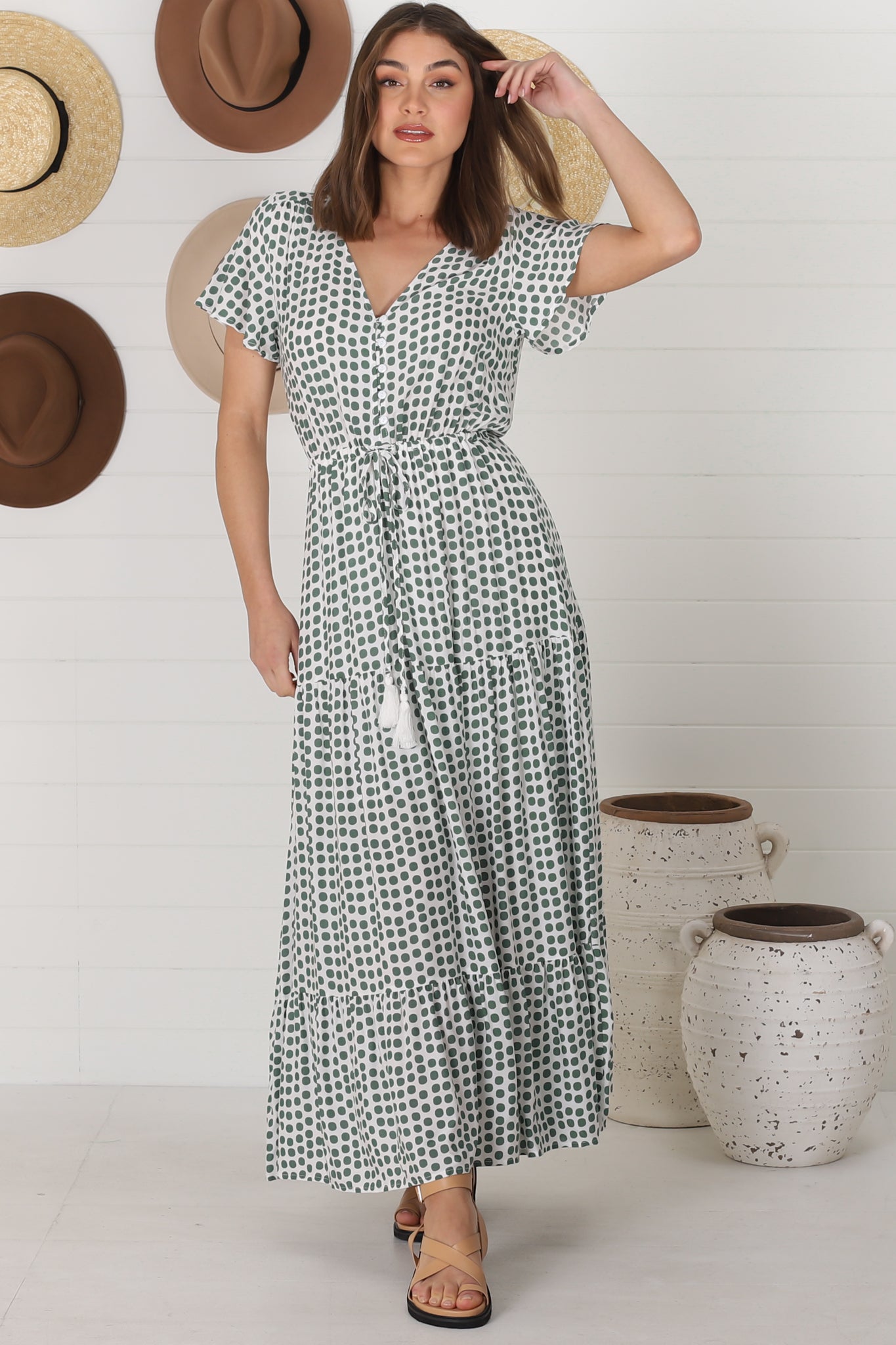 Derla Maxi Dress - V Neck Cap Sleeve Pull Tie Waist A Line Dress in Maryanne Print Green
