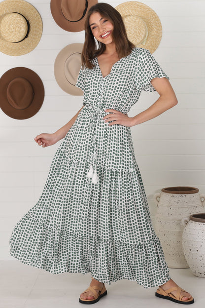 Derla Maxi Dress - V Neck Cap Sleeve Pull Tie Waist A Line Dress in Maryanne Print Green