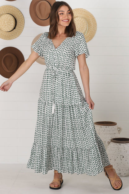 Derla Maxi Dress - V Neck Cap Sleeve Pull Tie Waist A Line Dress in Maryanne Print Green