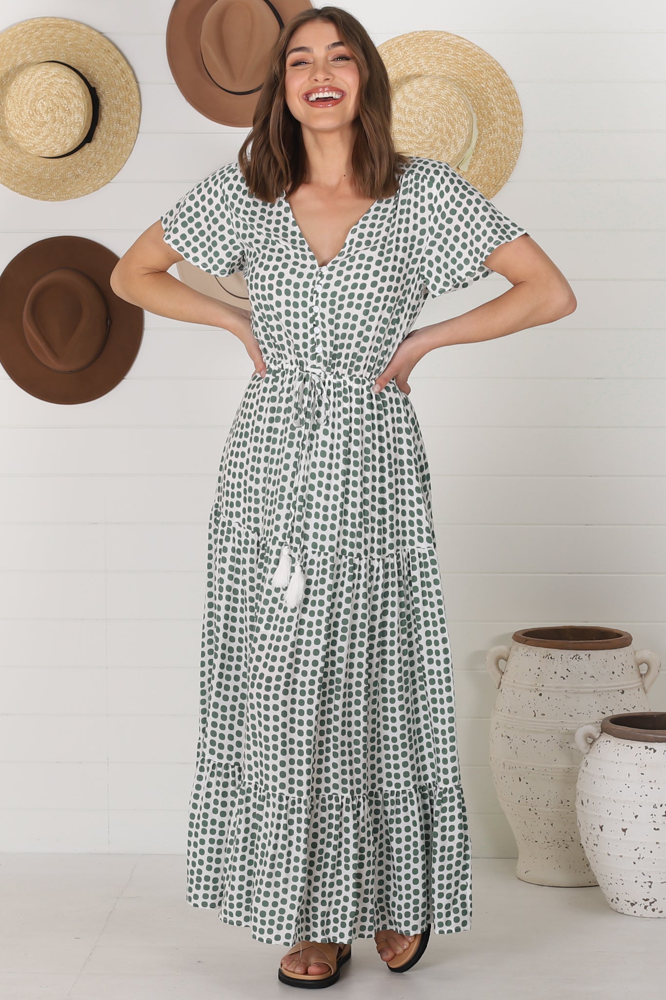 Derla Maxi Dress - V Neck Cap Sleeve Pull Tie Waist A Line Dress in Maryanne Print Green