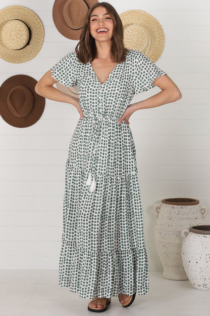 Derla Maxi Dress - V Neck Cap Sleeve Pull Tie Waist A Line Dress in Maryanne Print Green
