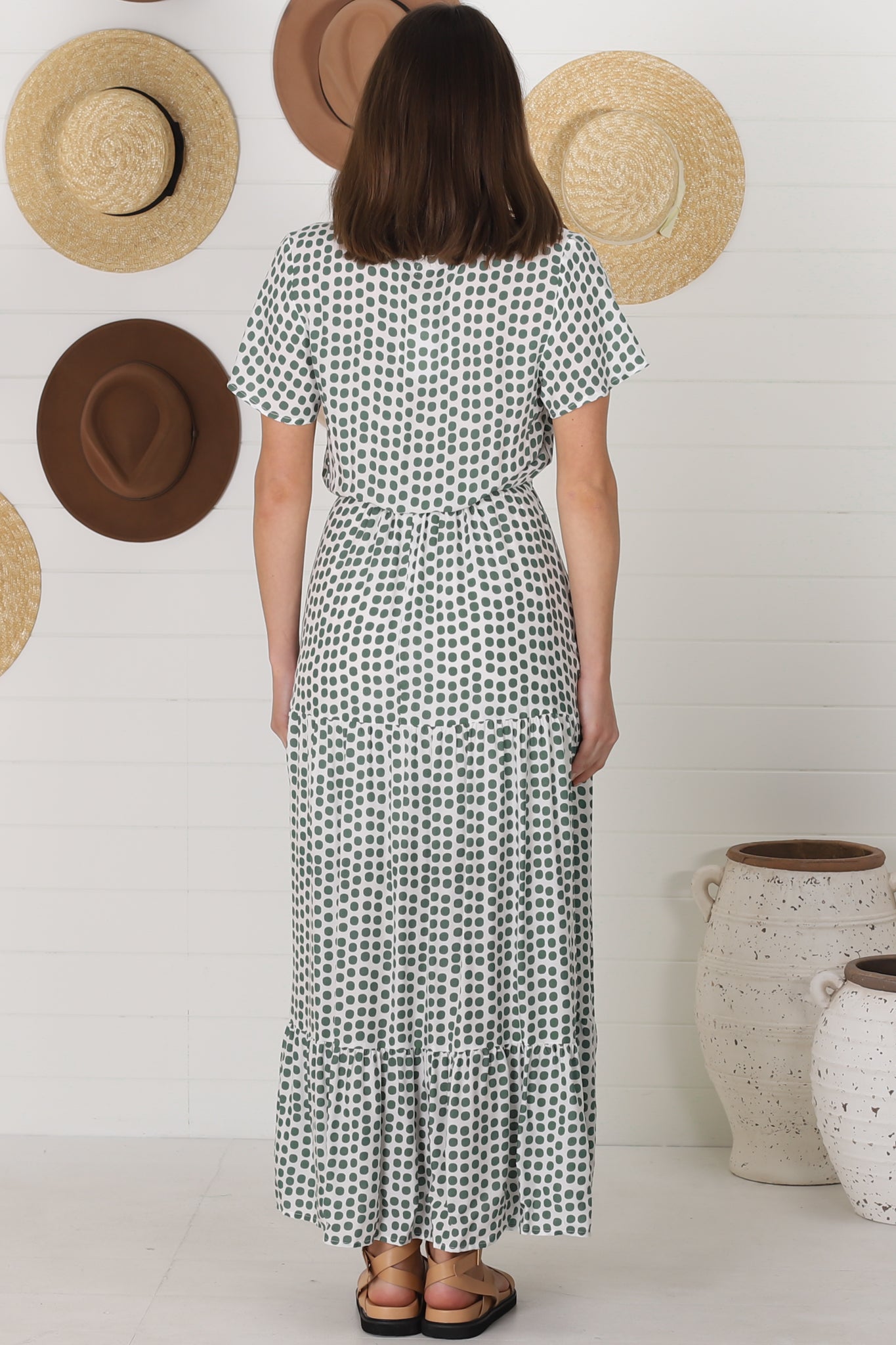 Derla Maxi Dress - V Neck Cap Sleeve Pull Tie Waist A Line Dress in Maryanne Print Green