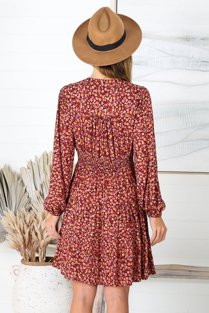Rosina Mini Dress - A Line Button Down Tiered Dress in Floral Print