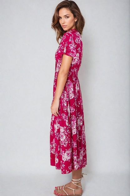 Anais Midi Dress - Cap Flutter Sleeve Button Down A Line Dress in Kimberly Print