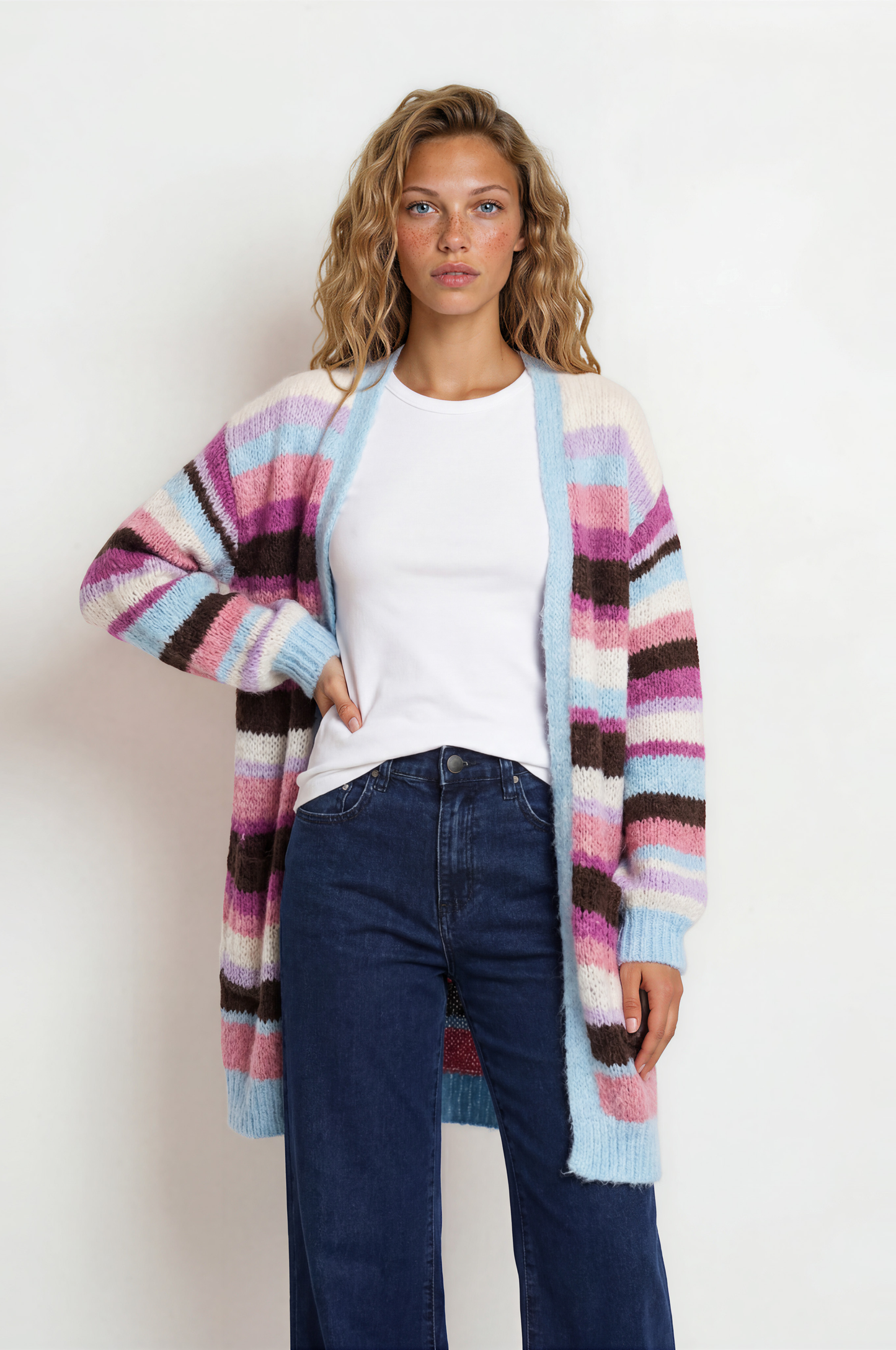Iggy Cardigan - Open Front Stripe Knit with Pockets in Blue/Purple