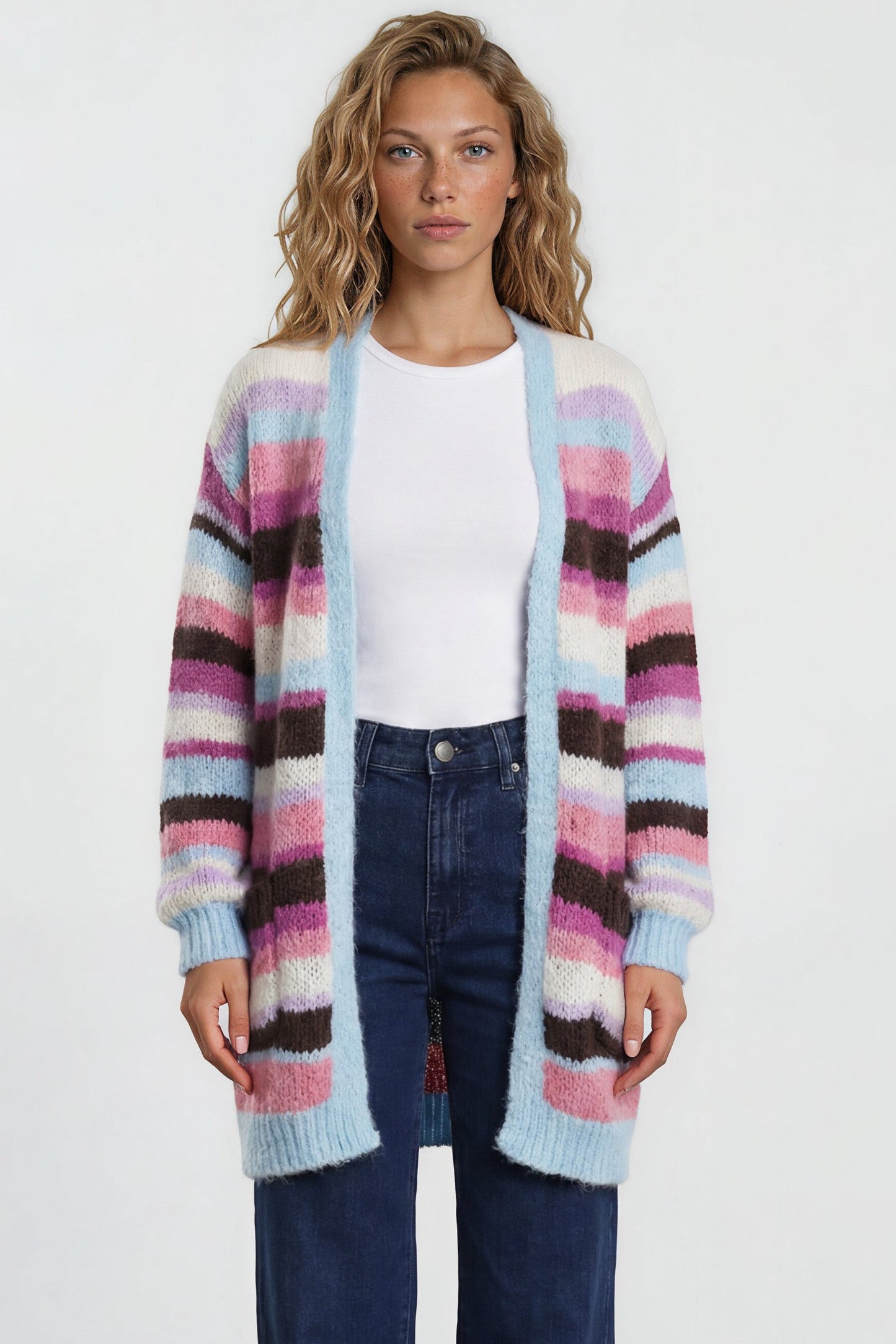 Iggy Cardigan - Open Front Stripe Knit with Pockets in Blue/Purple