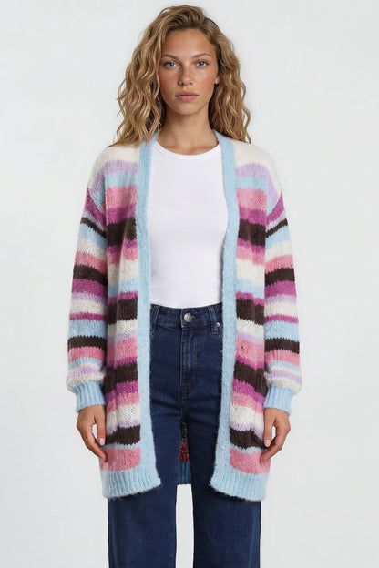 Iggy Cardigan - Open Front Stripe Knit with Pockets in Blue/Purple