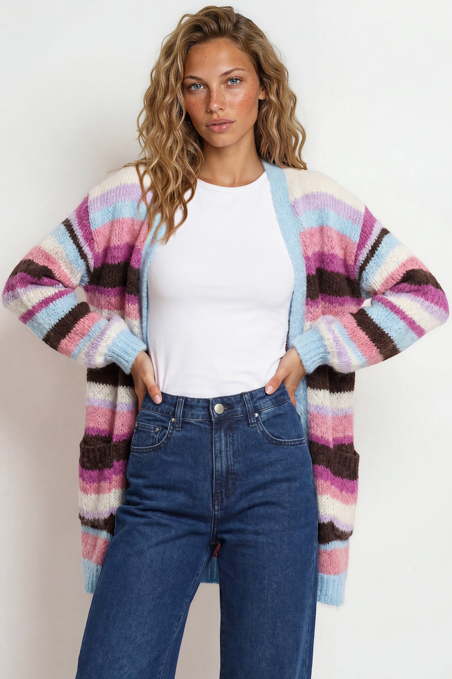 Iggy Cardigan - Open Front Stripe Knit with Pockets in Blue/Purple