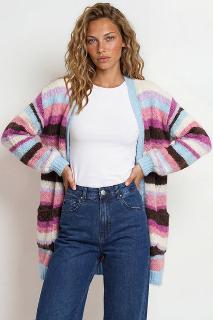 Iggy Cardigan - Open Front Stripe Knit with Pockets in Blue/Purple