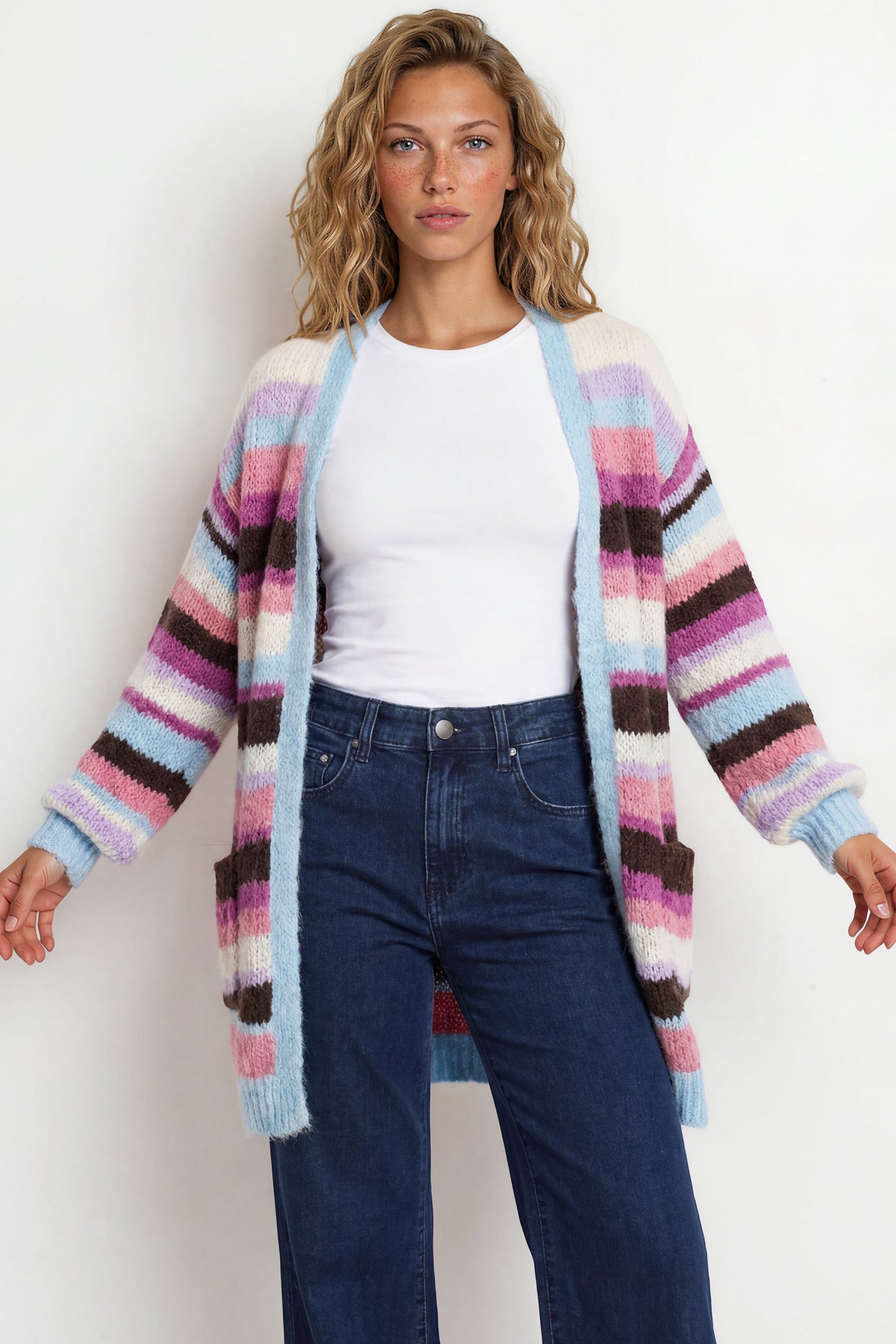 Iggy Cardigan - Open Front Stripe Knit with Pockets in Blue/Purple
