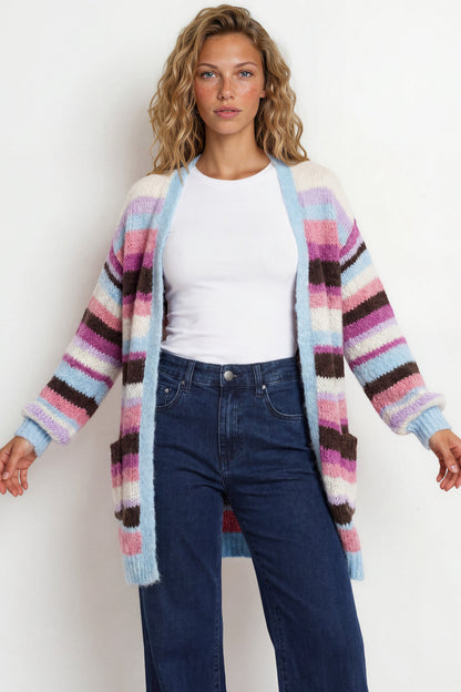 Iggy Cardigan - Open Front Stripe Knit with Pockets in Blue/Purple
