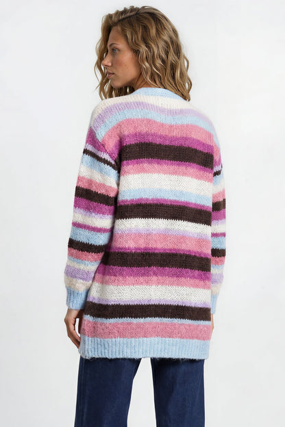 Iggy Cardigan - Open Front Stripe Knit with Pockets in Blue/Purple