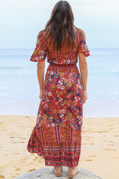 London Maxi Dress - Elasticated Waist Button Detail High Low Dress with Flutter Cap Sleeves in Floral Print