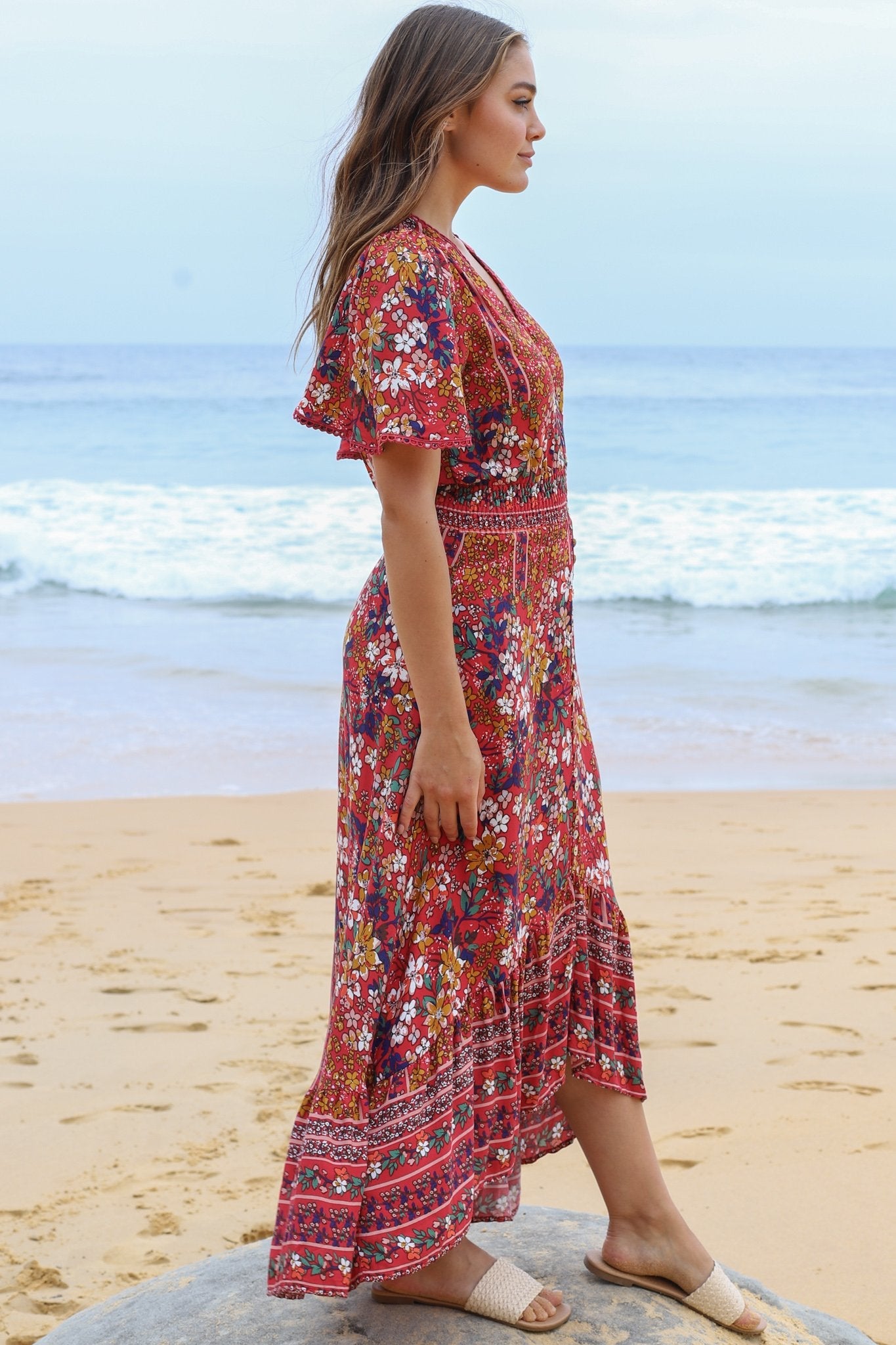 London Maxi Dress - Elasticated Waist Button Detail High Low Dress with Flutter Cap Sleeves in Floral Print
