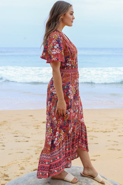 London Maxi Dress - Elasticated Waist Button Detail High Low Dress with Flutter Cap Sleeves in Floral Print